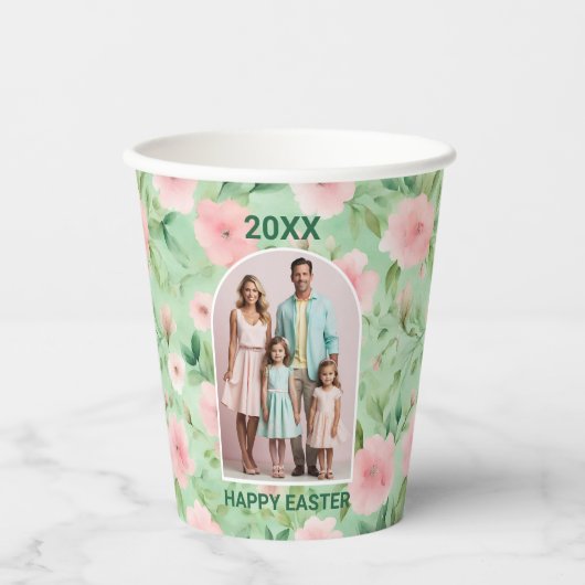 Pasen Custom Foto Pastel Roze & Groene Bloemen Papieren Bekers (Voorkant)