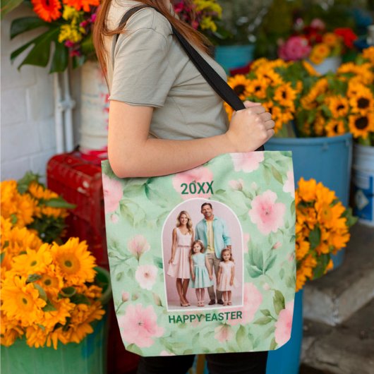 Pasen Custom Foto Pastel Roze & Groene Bloemen Tote Bag