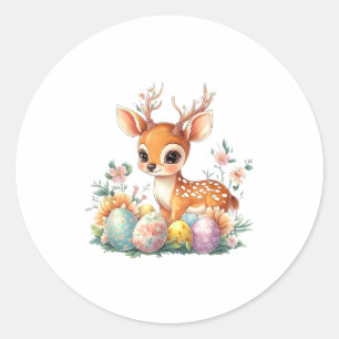 Pasen, Cute Kawaii Baby Herten Met Bloemen & Ronde Sticker