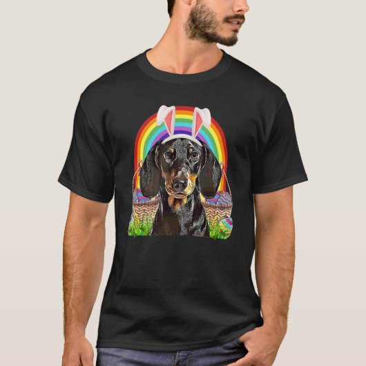 Pasen Dachshund Dog Bunny Egg Hunt Rainbow T-shirt (Voorkant)