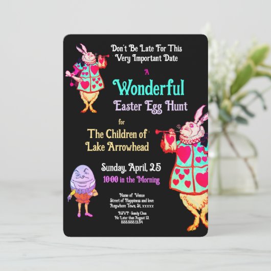 Pasen Egg Hunt Alice in Wonderland Uitnodiging (Staand voorkant)