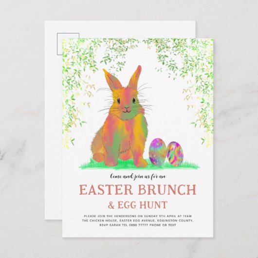 Pasen Egg Hunt en Brunch Cute Bunny Invitation Uitnodiging Briefkaart (Voorkant / Achterkant)