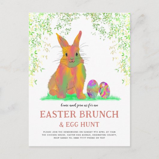 Pasen Egg Hunt en Brunch Cute Bunny Invitation Uitnodiging Briefkaart (Voorkant)