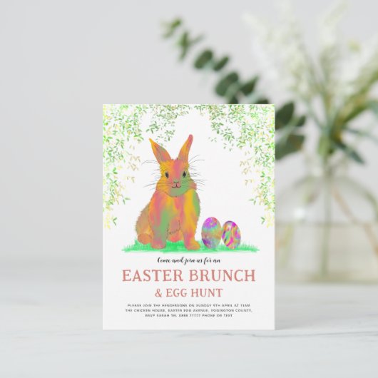 Pasen Egg Hunt en Brunch Cute Bunny Invitation Uitnodiging Briefkaart (Staand voorkant)