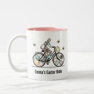 Pasen Fiets Ontwerp met Eigen Naam Tweekleurige Koffiemok