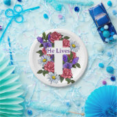 Pasen Floral Cross Hij leeft Bord papier (Feest)