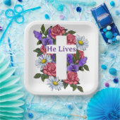 Pasen Floral Cross Hij leeft Papieren Bordje (Feest)