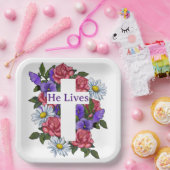 Pasen Floral Cross Hij leeft Papieren Bordje (Feest)