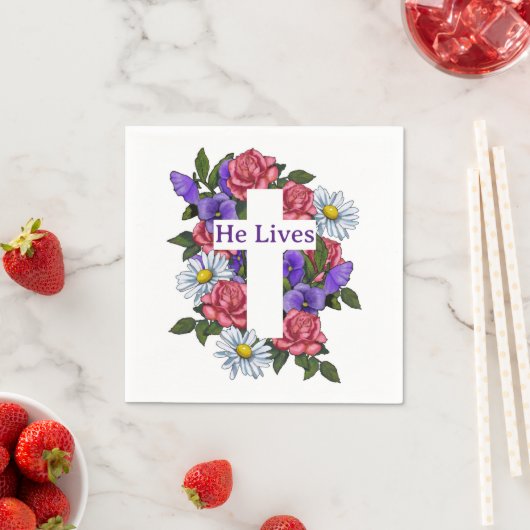 Pasen Floral Cross Hij leeft Servet (Insitu)