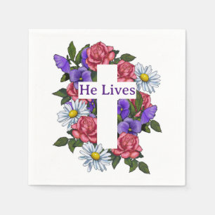 Pasen Floral Cross Hij leeft Servet