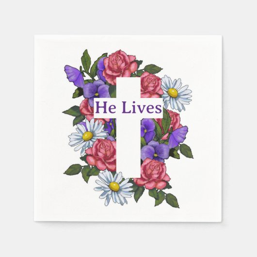Pasen Floral Cross Hij leeft Servet (Voorkant)