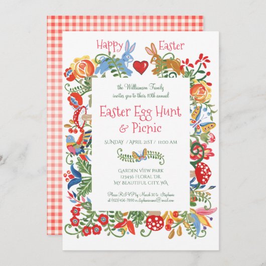 Pasen Folk Art Konijntje Roze Gingham Ei Hunt Kaart (Voorkant / Achterkant)