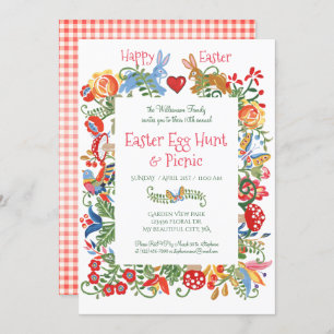 Pasen Folk Art Konijntje Roze Gingham Ei Hunt Kaart