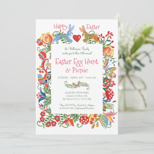 Pasen Folk Floral Konijn Gingham Ei Hunt Kaart (Staand voorkant)