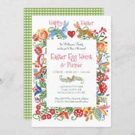 Pasen Folk Floral Konijn Gingham Ei Hunt Kaart