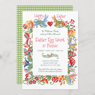 Pasen Folk Floral Konijn Gingham Ei Hunt Kaart
