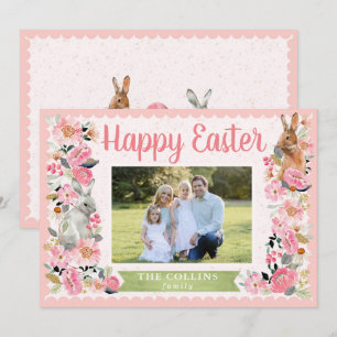Pasen Foto Familie met Konijn Bloemen Roze Kaart