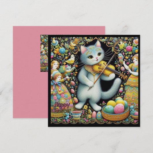 Pasen ~ GELUKKIG PASEN ~ Kat en viool ~ Feestdagenkaart (Voorkant / Achterkant)