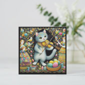 Pasen ~ GELUKKIG PASEN ~ Kat en viool ~ Feestdagenkaart (Staand voorkant)