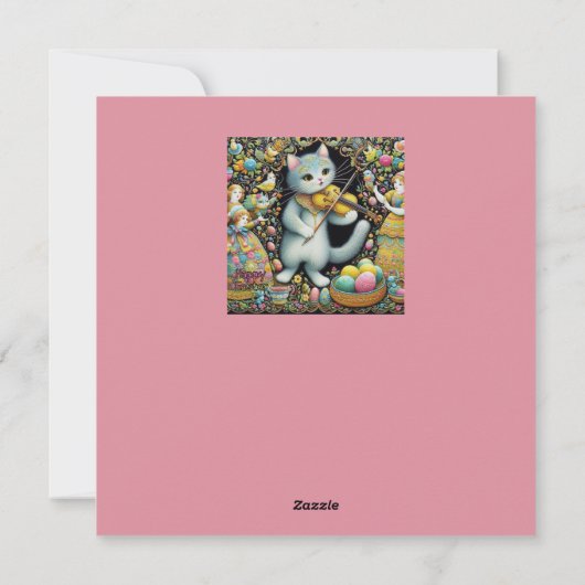 Pasen ~ GELUKKIG PASEN ~ Kat en viool ~ Feestdagenkaart (Achterkant)