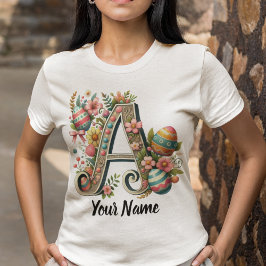 Pasen gepersonaliseerd bloemenmonogram met naam t-shirt