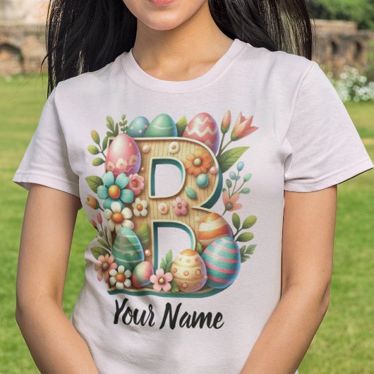 Pasen gepersonaliseerd bloemenmonogram met naam t-shirt