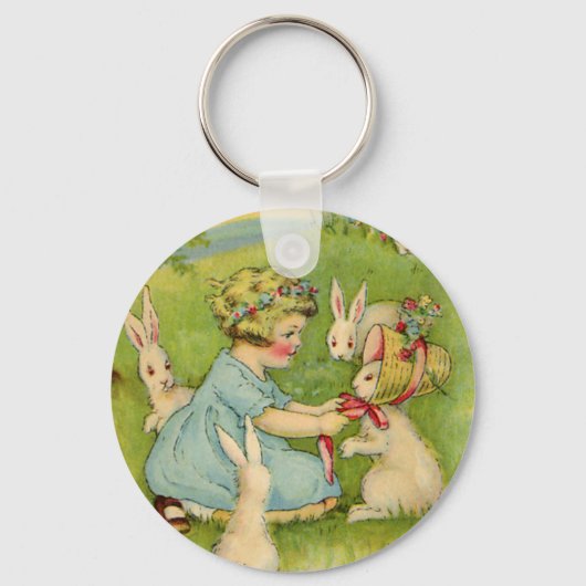  Pasen, Girl Bonnet op Bunny Rabbit Sleutelhanger (Voorkant)