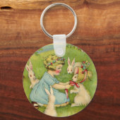  Pasen, Girl Bonnet op Bunny Rabbit Sleutelhanger (Voorkant)