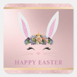 Pasen Girly Blush Roze Bloemen Bunny Vierkante Sticker