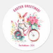 Pasen Groeten Konijntje op Bloemenfiets Custom Ronde Sticker (Voorkant)