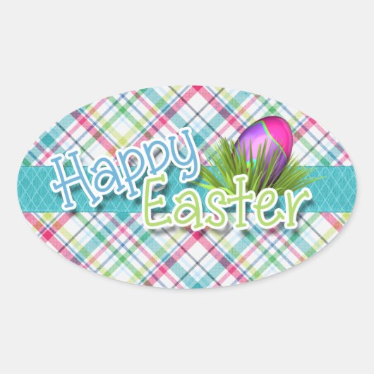 Pasen - "Happy Easter" Word Art over stripes Ovale Sticker (Voorkant)