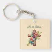 Pasen "Hij is gereisd" Floral Cross Sleutelhanger (Voorkant)