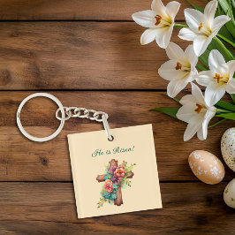 Pasen "Hij is gereisd" Floral Cross Sleutelhanger