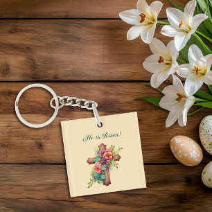 Pasen "Hij is gereisd" Floral Cross Sleutelhanger