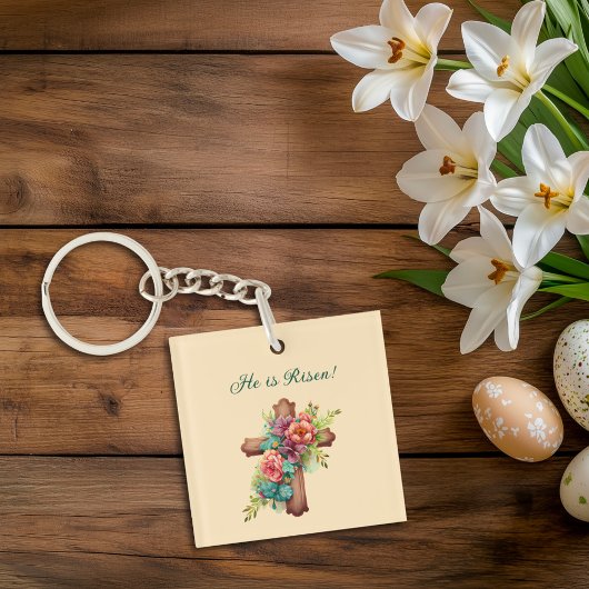 Pasen "Hij is gereisd" Floral Cross Sleutelhanger