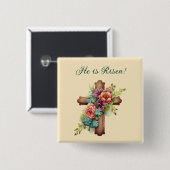 Pasen "Hij is gereisd" Floral Cross Vierkante Button 5,1 Cm (Voorkant /achterkant)