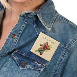 Pasen "Hij is gereisd" Floral Cross Vierkante Button 5,1 Cm