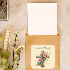 Pasen "Hij is gereisd" Floral Cross Vierkante Sticker