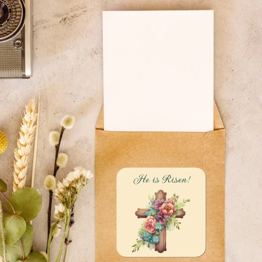 Pasen "Hij is gereisd" Floral Cross Vierkante Sticker