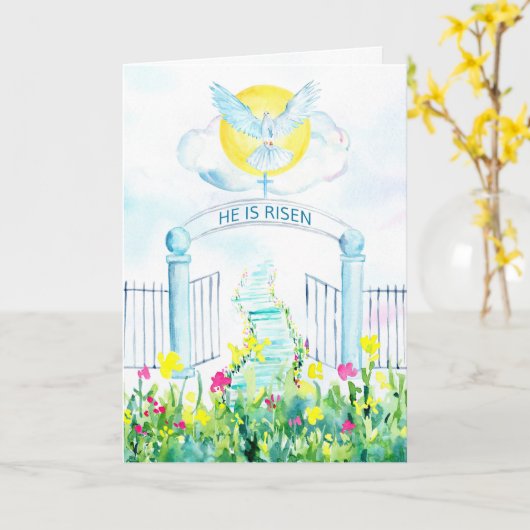 Pasen Hij Is Opgestaan met Kruis en Duif Kaart (Gele Bloem)