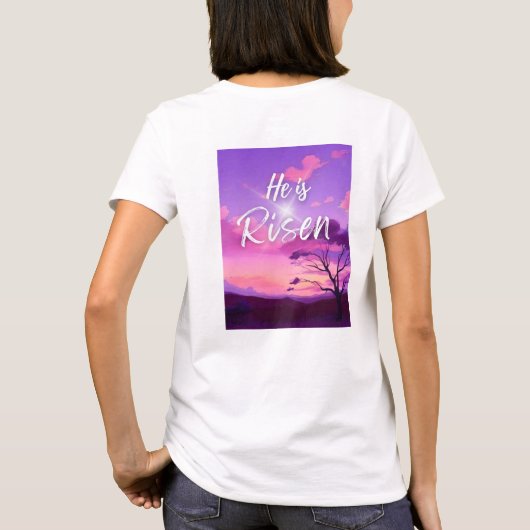 Pasen "Hij is Risen" Christelijk Front Back Vrouwe T-shirt (Achterkant)