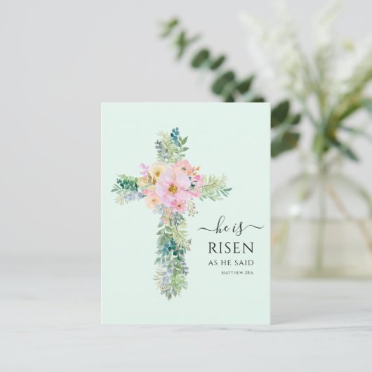 Pasen Hij is Risen Greenery Waterverf Cross Briefkaart (Staand voorkant)