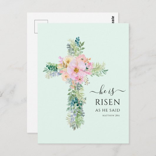 Pasen Hij is Risen Greenery Waterverf Cross Briefkaart (Voorkant / Achterkant)