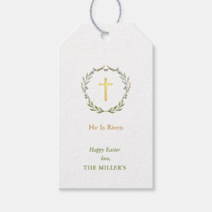 Pasen Hij is verrezen, Faux Gold Cross Gift Labels Cadeaulabel