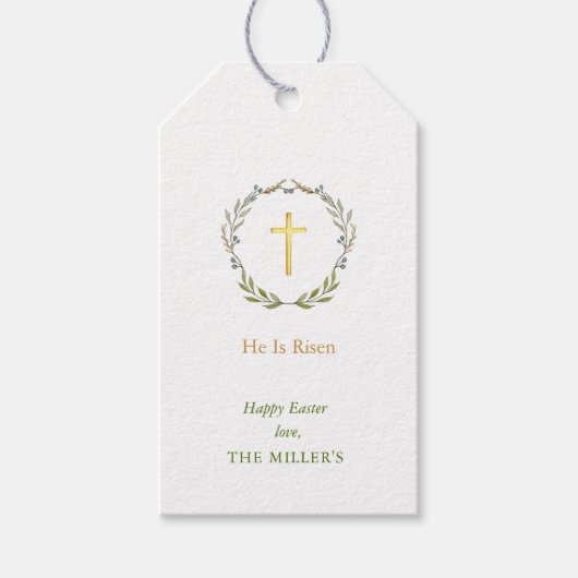 Pasen Hij is verrezen, Faux Gold Cross Gift Labels Cadeaulabel (Voorkant)