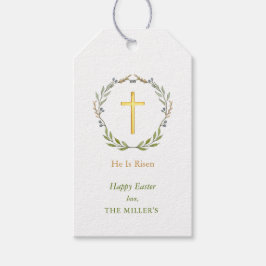 Pasen Hij is verrezen, Faux Gold Cross Gift Labels Cadeaulabel