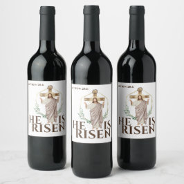 Pasen Hij is verrezen Jezus houten kruis bijbel Wijn Etiket