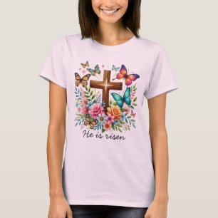 Pasen Hij is verrezen kruisbloemen vlinders T-shirt