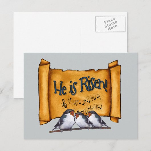 Pasen: Hij is verrezen! Oude Scroll, Zingende Voge Feestdagenkaart (Voorkant / Achterkant)