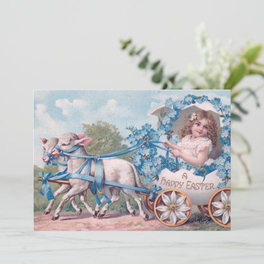  Pasen Illustratie met meisje en lammeren Feestdagenkaart (Staand voorkant)